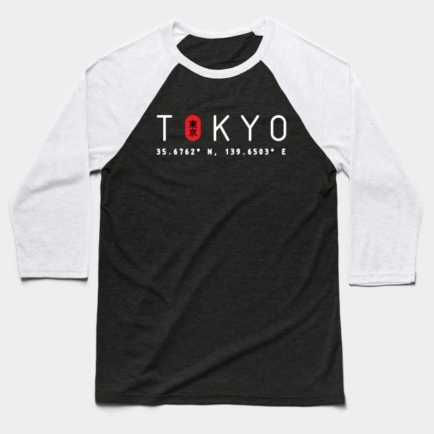 Tokyo Japan Coordinates Urban Streetwear White Baseball T-Shirt by Just Kidding Co.